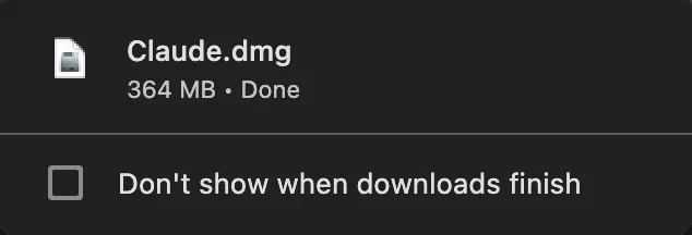 Chrome’s download list showing Claude.dmg, 364 MB, Done.
