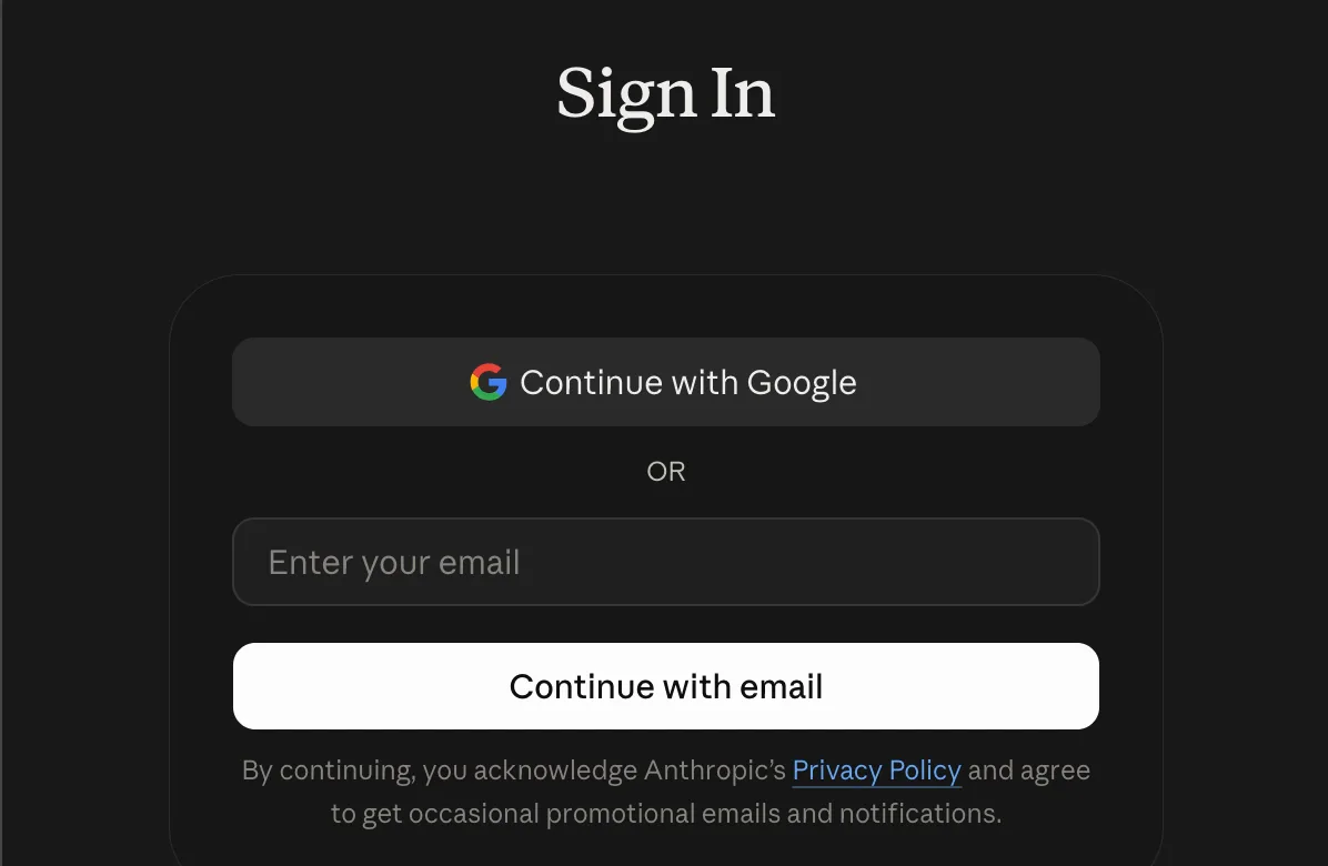 The Claude Sign In screen: Continue with Google, an email box, and Continue with email.