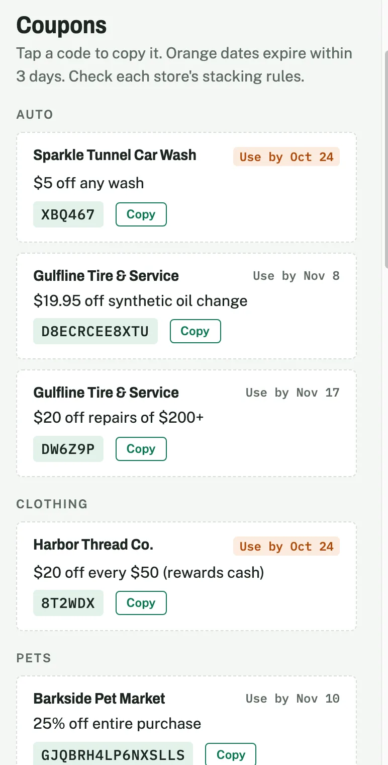 The Savvy Shopper page on a phone: the Coupons section with sample stores, codes with Copy buttons, and two use-by dates in orange because they expire within three days